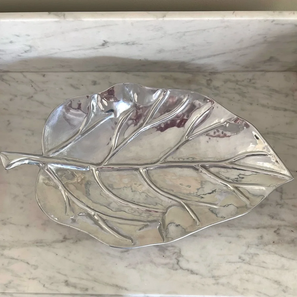 Large Pewter Leaf-Shaped Footed Decorative Tray Platter Approximately 24” x 13”